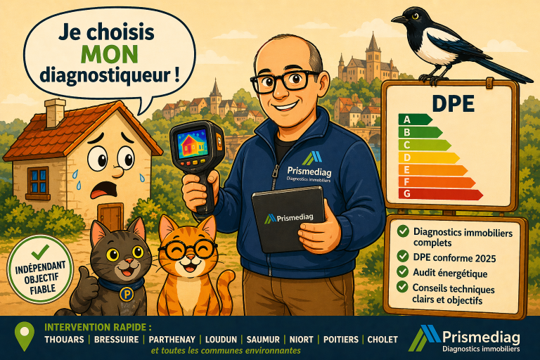 Diagnostic immobilier, DPE, Audit énergétique - Prismediag Diagnostics immobiliers - DPE - Thouars Bressuire Saumur Loudun Parthenay Niort Chinon Cholet Mauléon Airvault et alentours - Prismediag