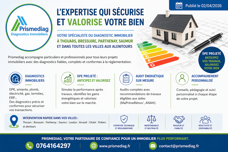 Diagnostic immobilier, DPE, Audit énergétique - Prismediag Diagnostic immobilier - DPE - Thouars Bressuire Saumur Loudun Parthenay Niort Chinon Cholet Mauléon Airvault et alentours - Prismediag